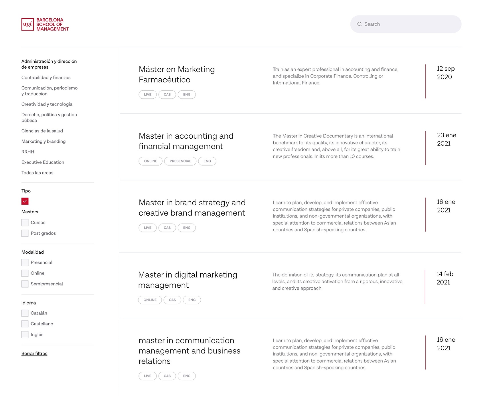 Filters on page for the BSM Website.