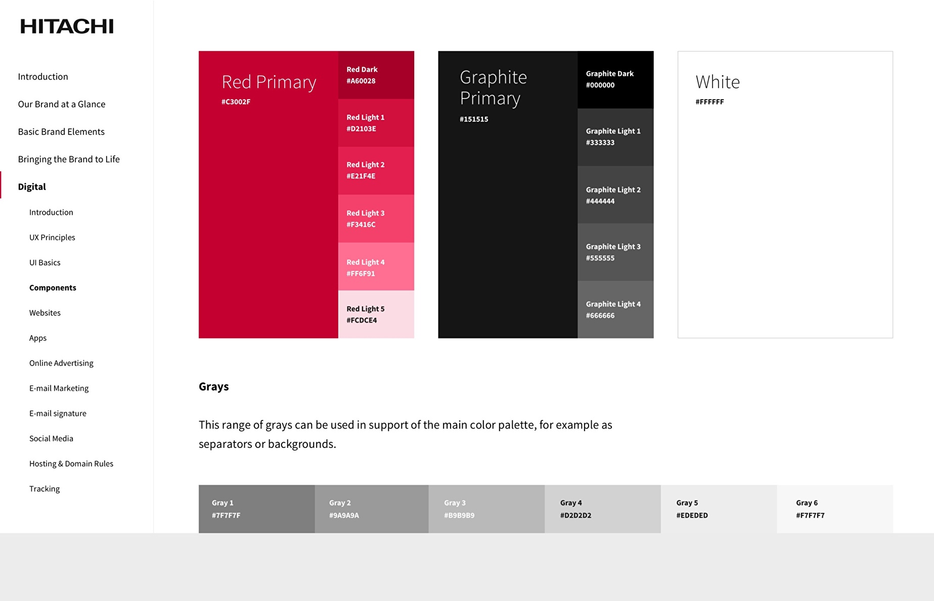Definition of the different hexadecimal colors defined in the digital ecosystem.