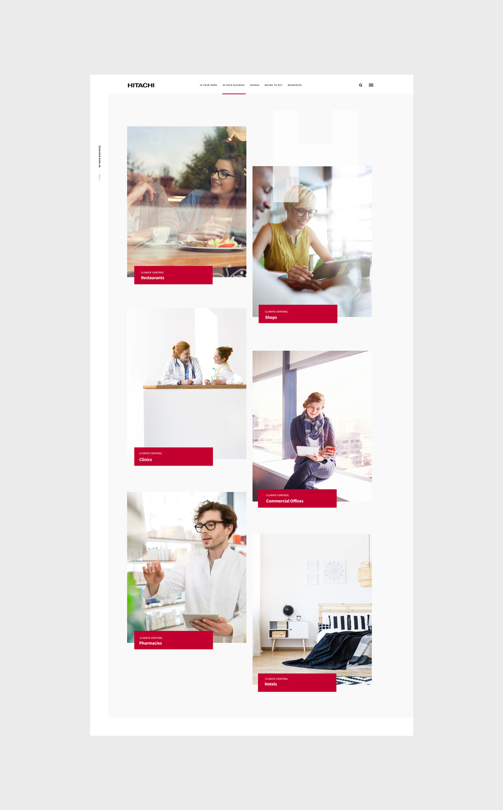Architecture design for the in your business section of the Hitachi website.