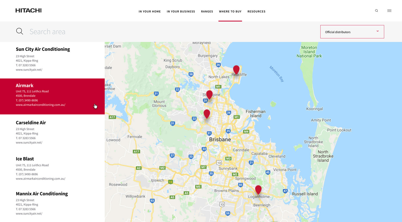 Design of the 'where to buy' page for hitachi website.
