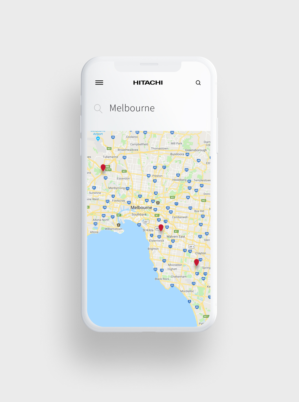 Location finder in mobile format for the Hitachi website.