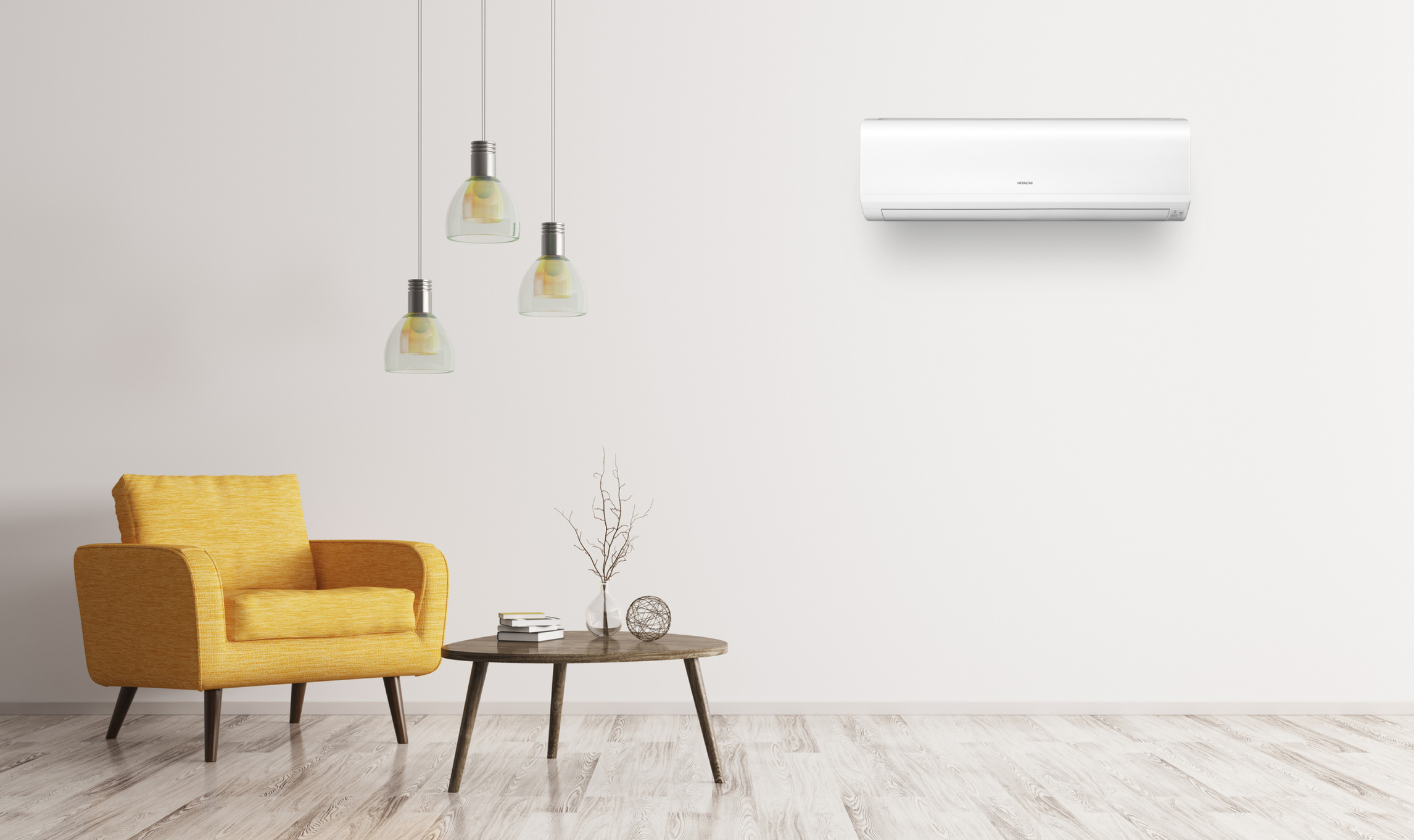 Dining scenen with a minimal Hitachi air conditioner.