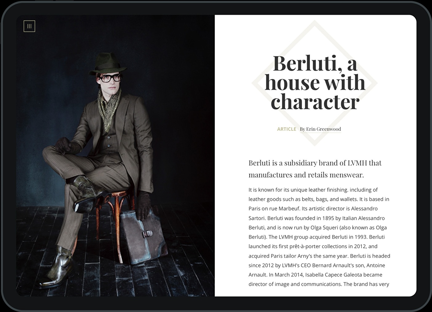 Design and structure of Marangoni’s editorial content on a tablet.