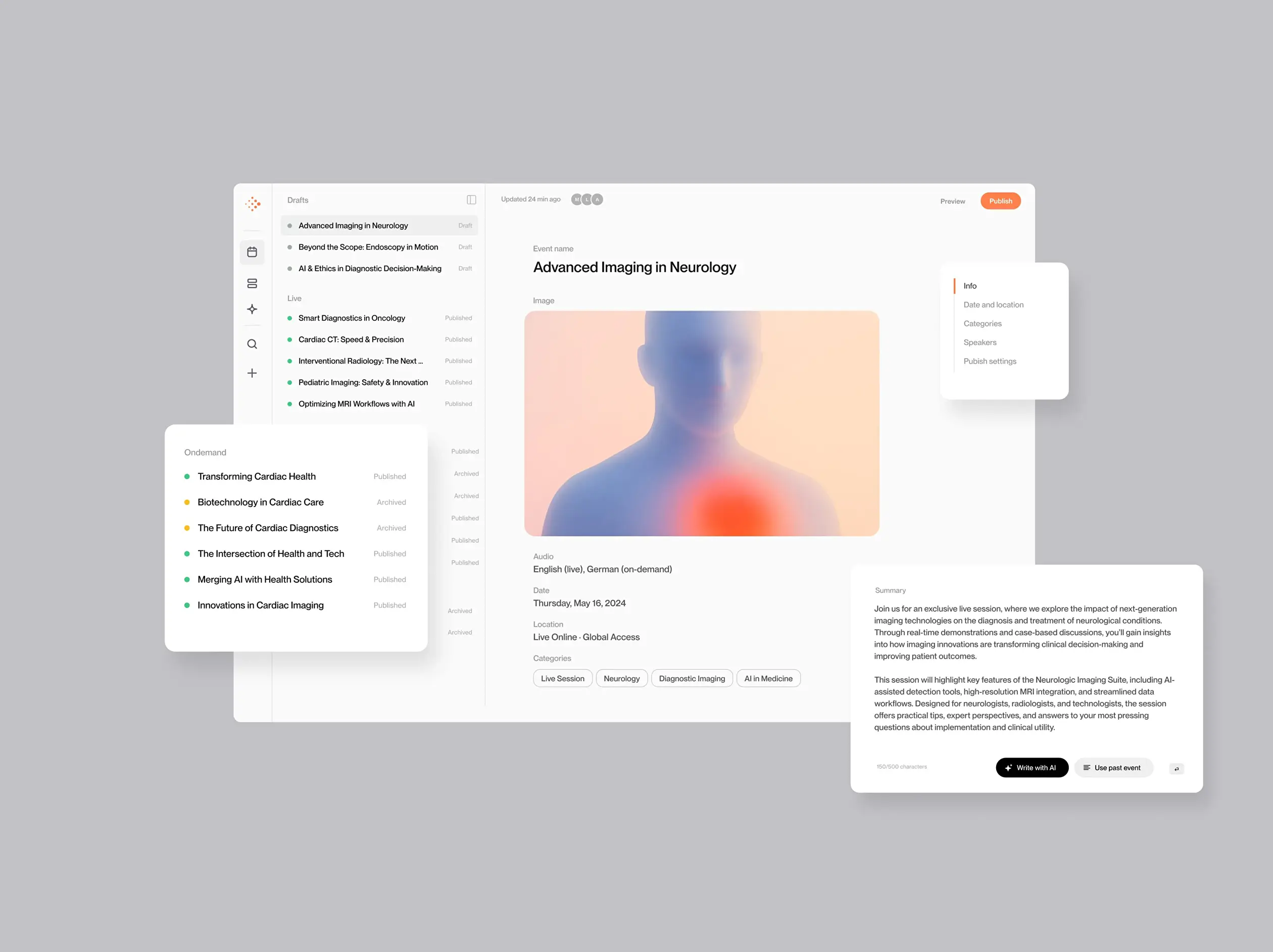 Interfaz del gestor de contenidos del Content Hub de Siemens Healthineers con varias opciones de edición.