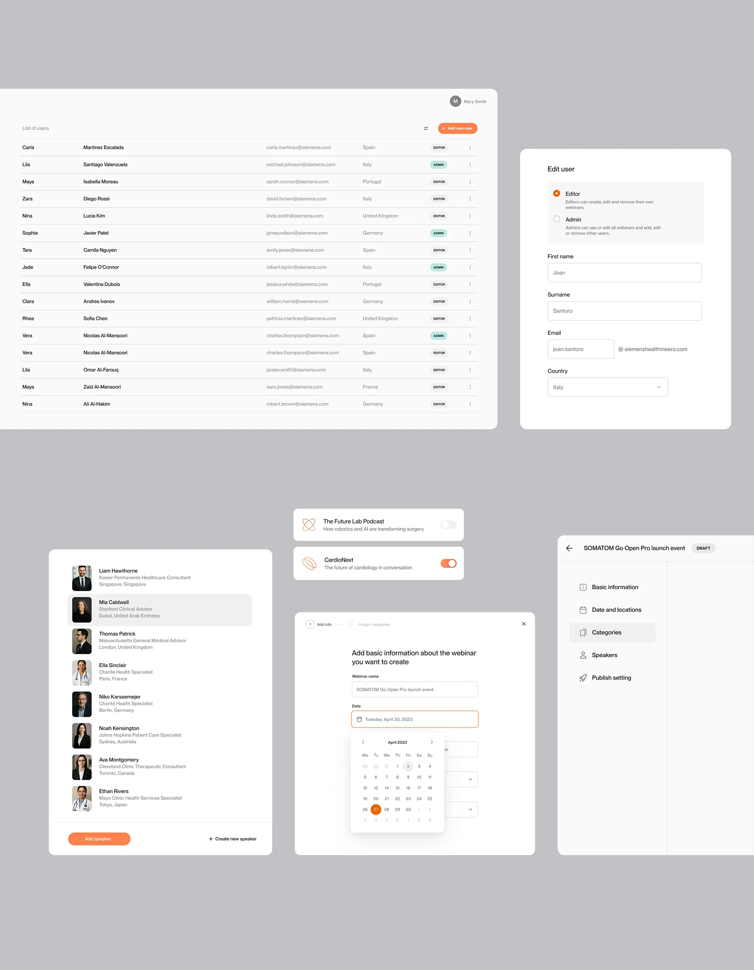 Conjunto de componentes de la interfaz del gestor de contenidos del Content Hub de Siemens Healthineers con una tabla de datos, formularios, listas y un selector de fecha.