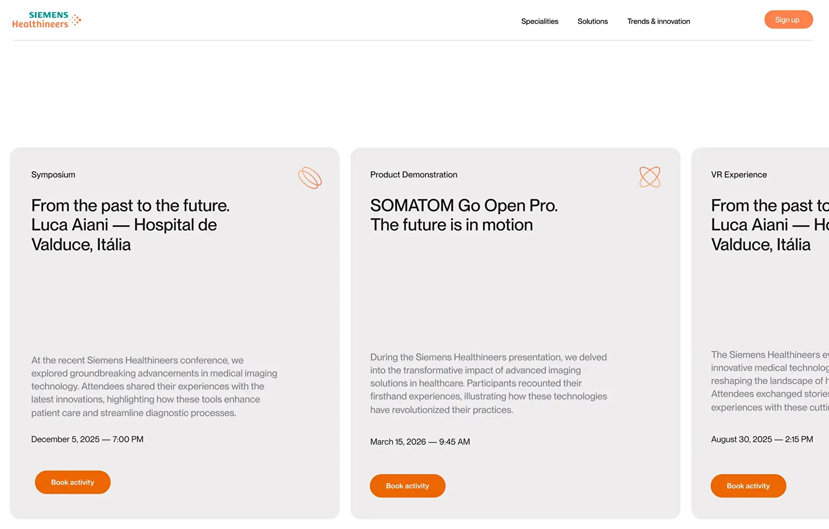 Módulo del Content Hub con tres tarjetas de próximos eventos y botones naranjas para reservar plaza.