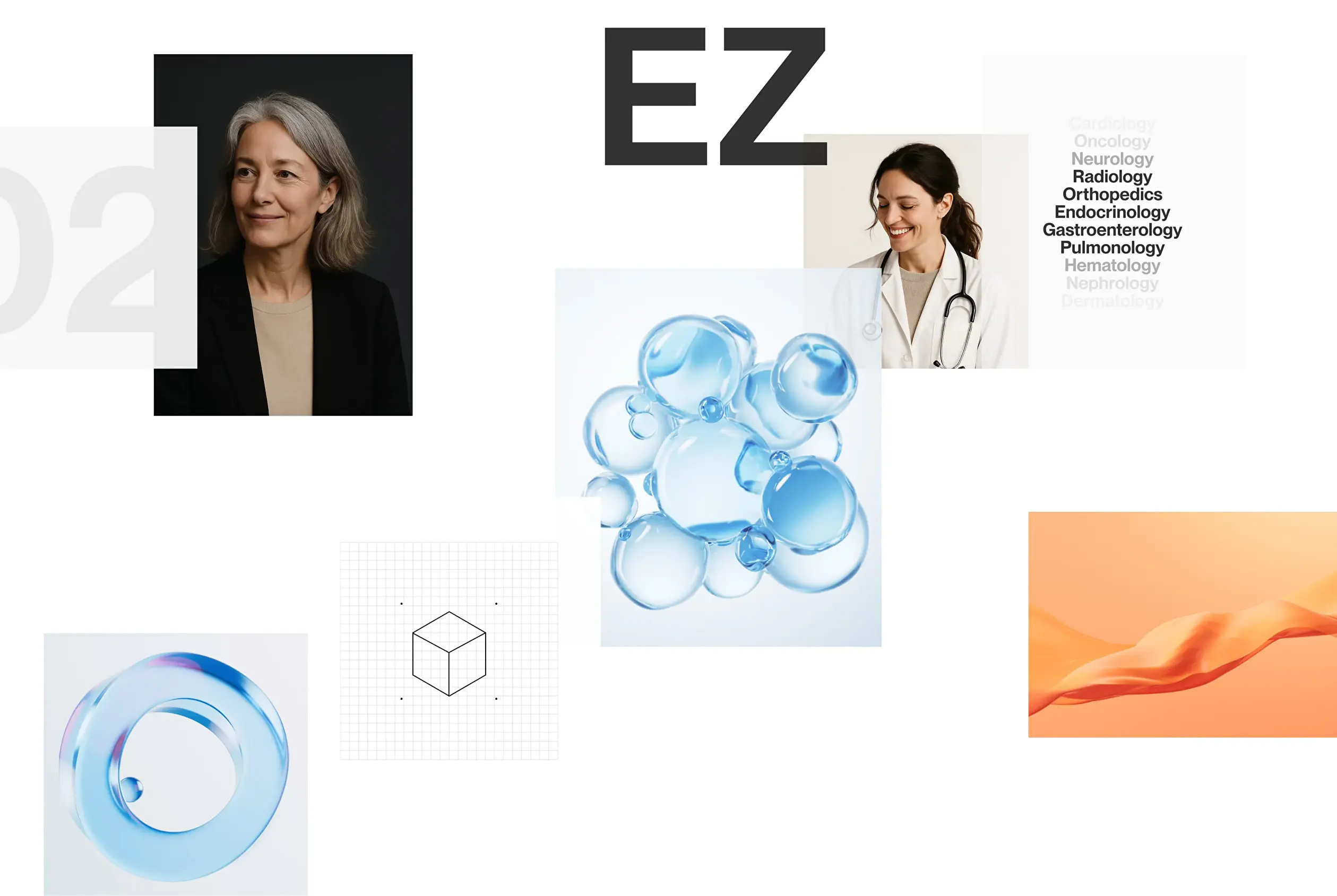 Collage de identidad visual sanitaria con retratos de profesionales, tipografía, formas azules translúcidas y una imagen abstracta naranja.