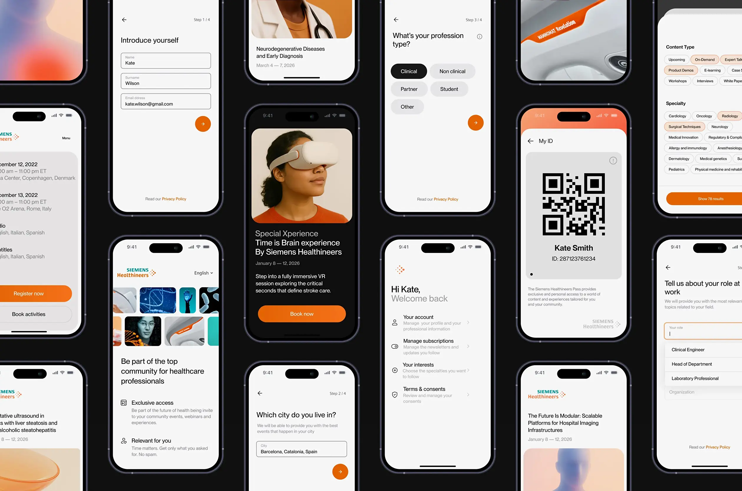 Mosaico de pantallas móviles de Siemens Healthineers con artículos, retratos, formularios y un código QR.