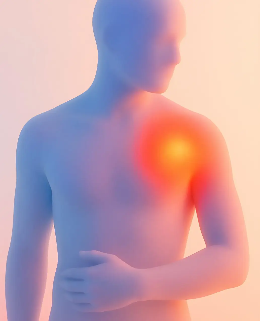 Ilustración de un torso humano con una zona luminosa naranja en el hombro que representa un punto de dolor.
