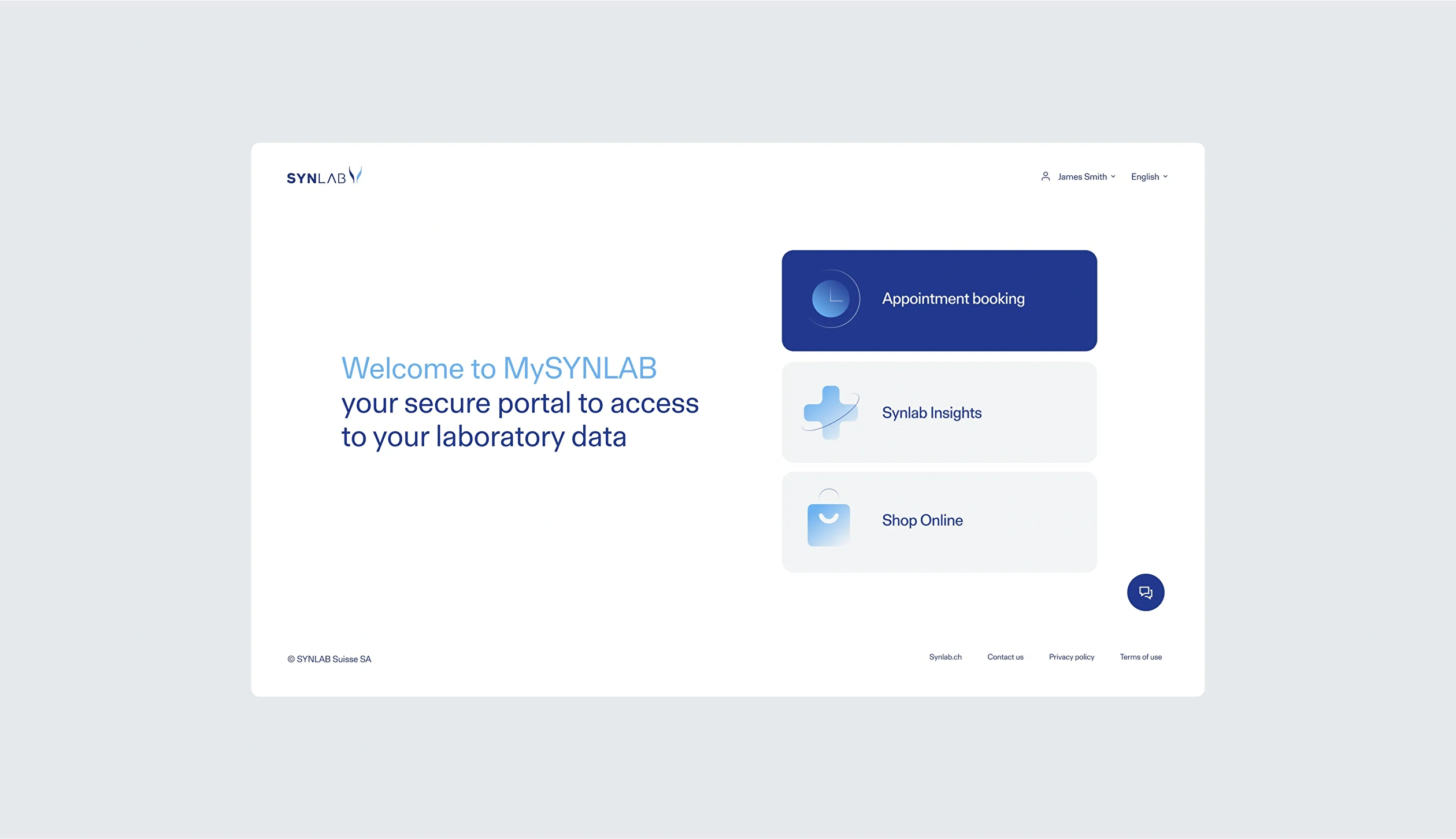 MySYNLAB welcome page, a digital product designed for the healthcare industry.