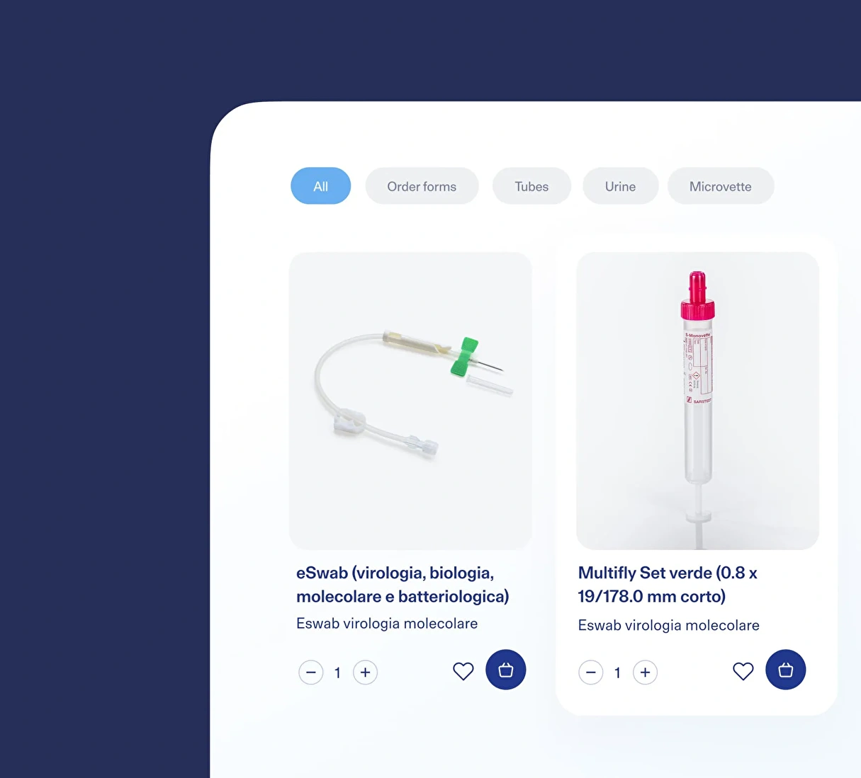 Image right: A screen on a medical laboratory e-commerce platform showing a selection of products.