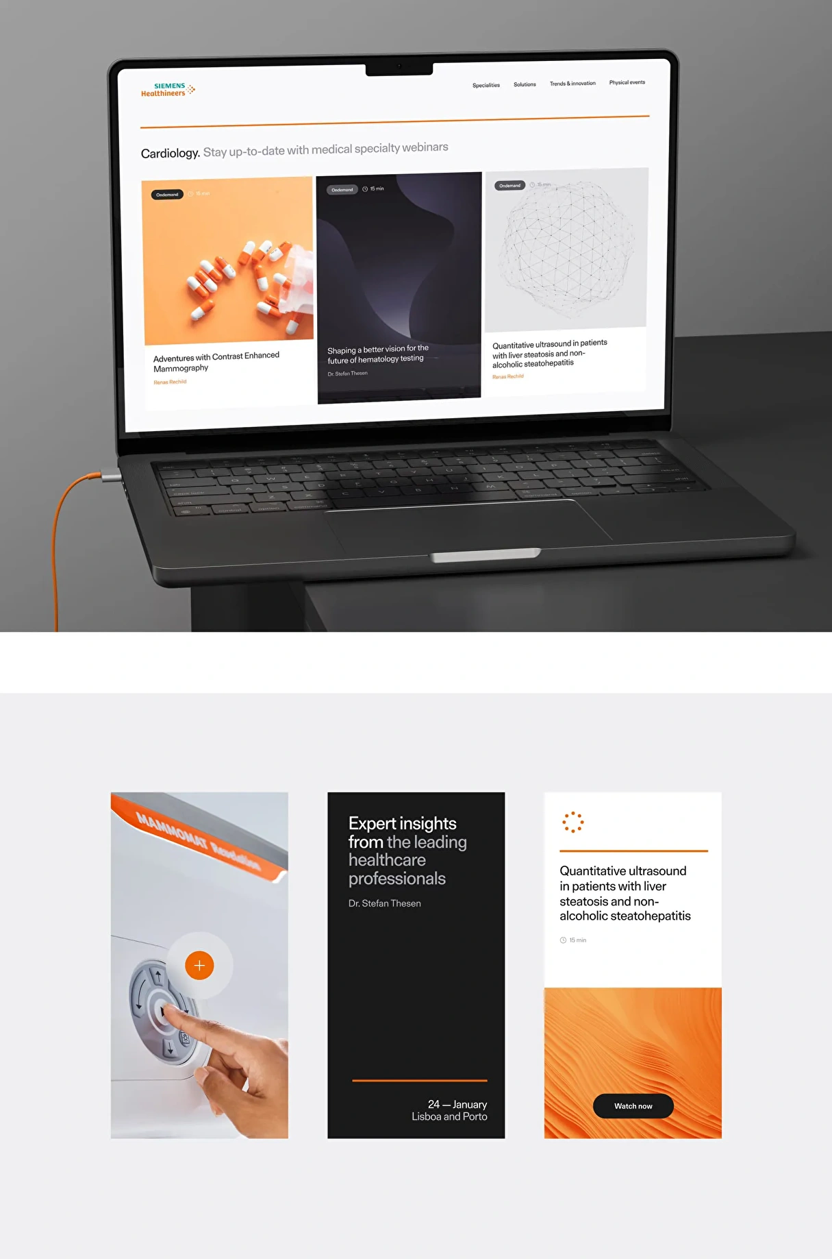 A screenshot of an event page on a healthcare content hub platform and designs of the Siemens Healthineers event page.