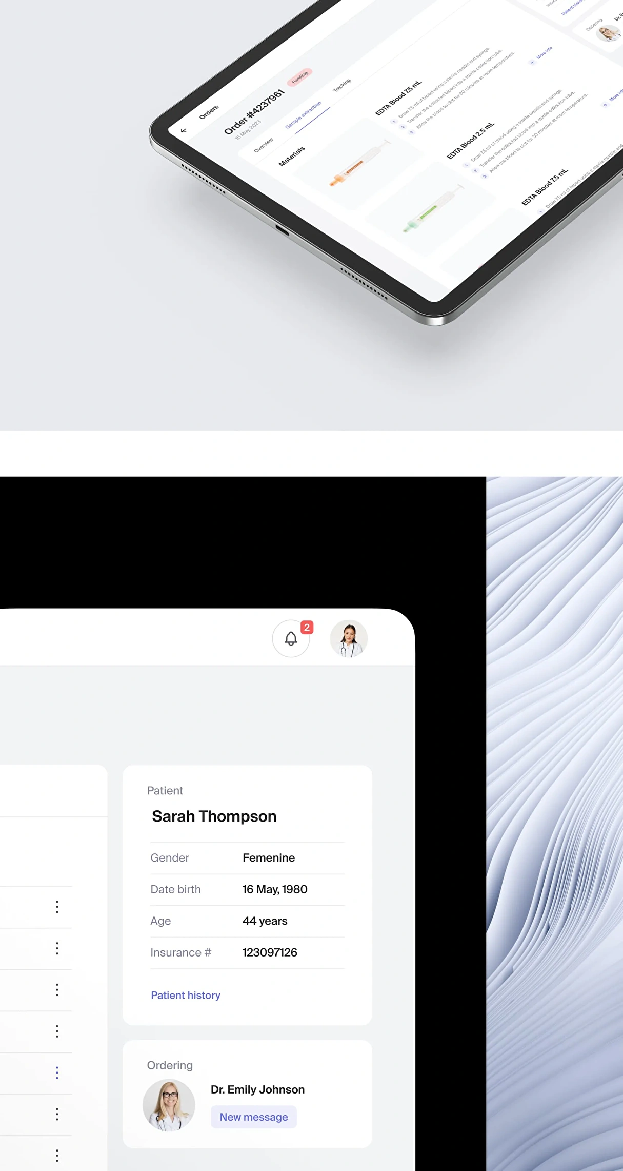 A screenshot of a digital health product that helps users manage their medical analysis clinics and screenshot of a patient record detail design.