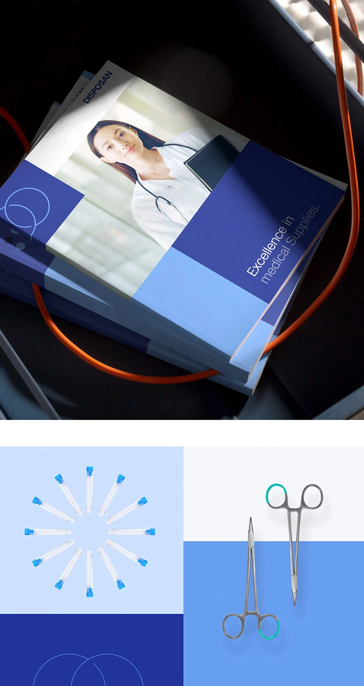 Branding refresh for Disposan, featuring updated logos and colors and example of the new visual style for the product image.